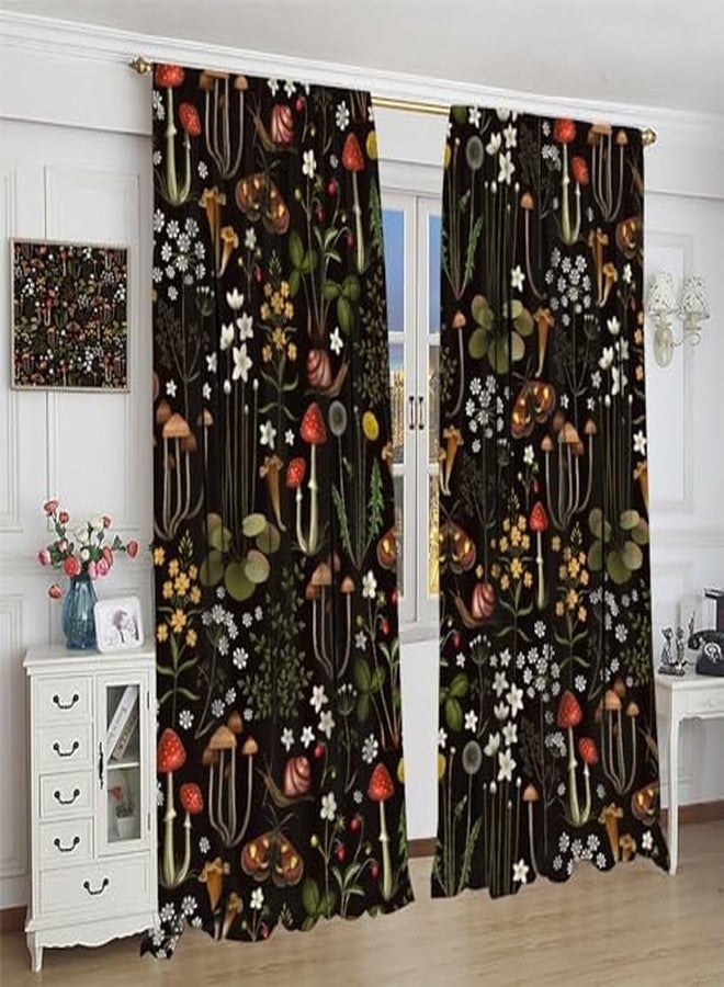 KANEPE Retro Mushroom Curtains, Fairy Forest Flowers Vintage Botanical Mushroom Black Background Window Treatments, Rod Pocket Thermal Insulation Drapes for Living Room Kitchen Decor, 42" W X 45" L - Image 5
